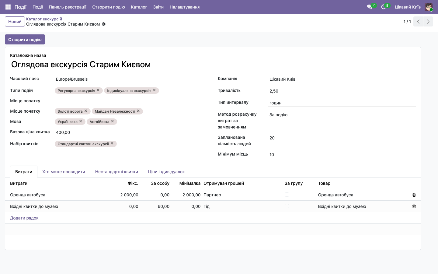 Форма каталогу екскурсії